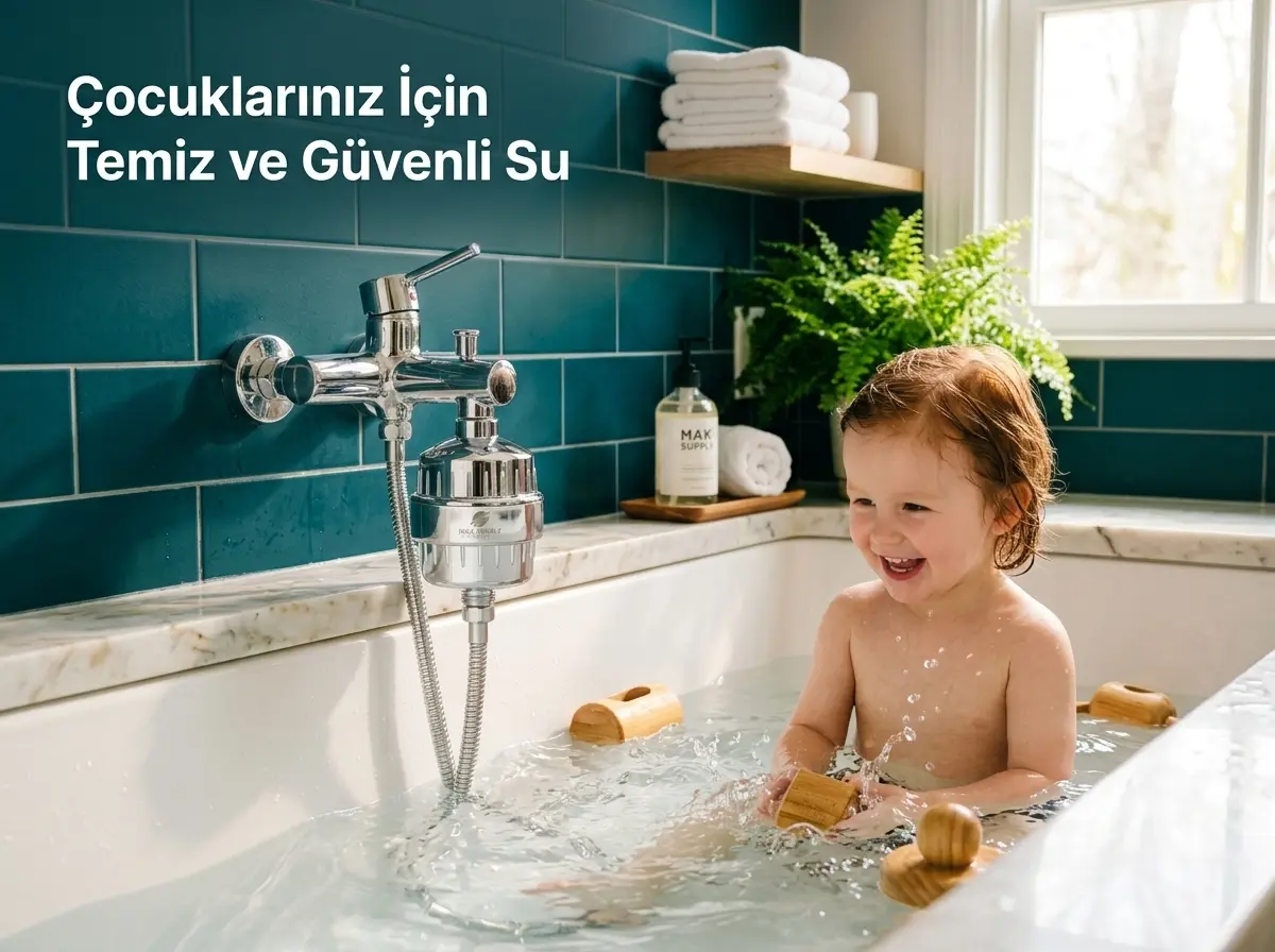 Yanında duş filtresi takılı bir su musluğu olan bir çocuk banyo yapıyor. Su Kalitesi çocuklar ne kadar önemli?